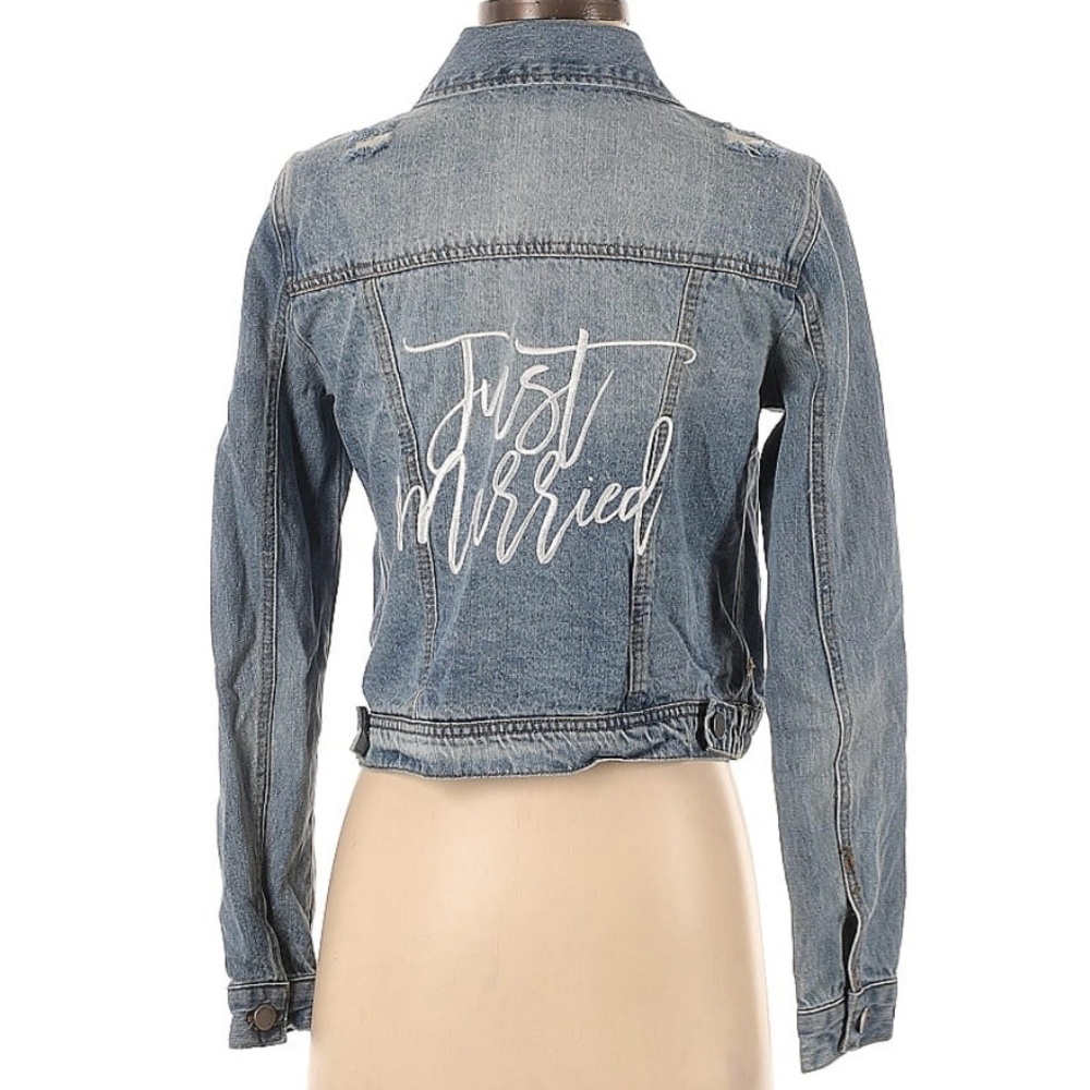 Distressed Denim Jacket with 'Just Married' Embroidery